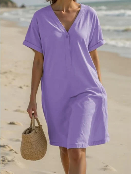 Femmes Plain Noir Col V Confortable Robe Mi-Longue Décontracté