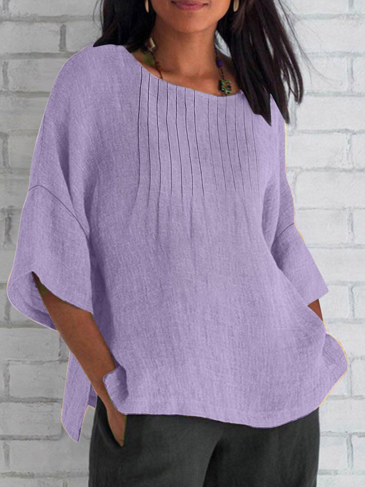 Blouses Femmes Décontracté Plain Printemps / Automne Léger Aucune élasticité Manches trois quarts Col Rond Régulier Droit