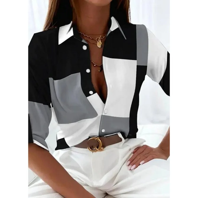 Chemises Femmes Géométrique Décontracté Printemps / Automne Polyester Aucune élasticité Quotidien Ample Manches Longues Droit