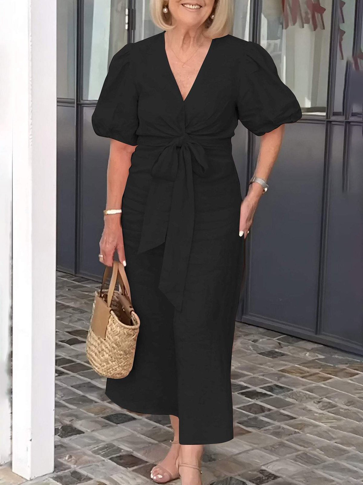 Femmes Plain Noir Col V Confortable à Lacets Robe Maxi Décontracté