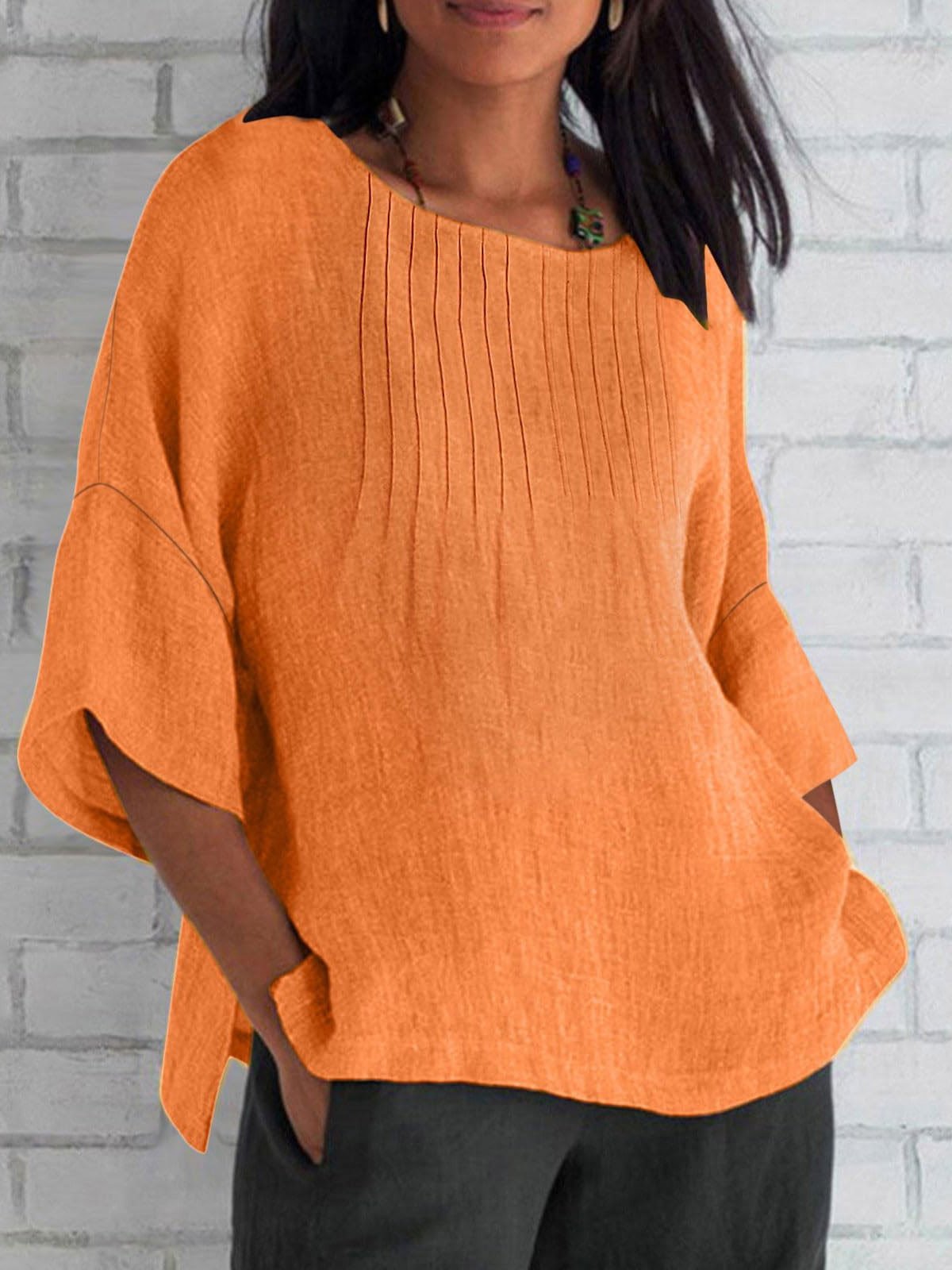 Blouses Femmes Décontracté Plain Printemps / Automne Léger Aucune élasticité Manches trois quarts Col Rond Régulier Droit