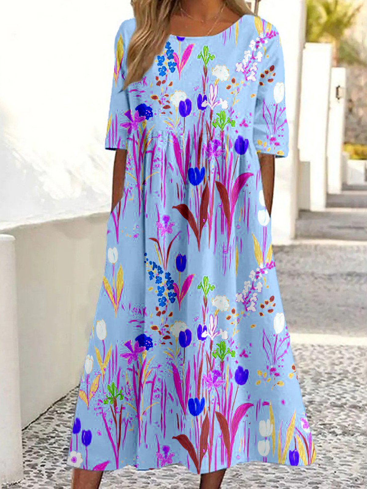 Femmes Floral Rose Col Rond Confortable Robe Maxi Décontracté