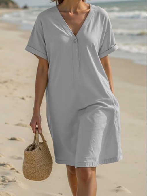 Femmes Plain Noir Col V Confortable Robe Mi-Longue Décontracté