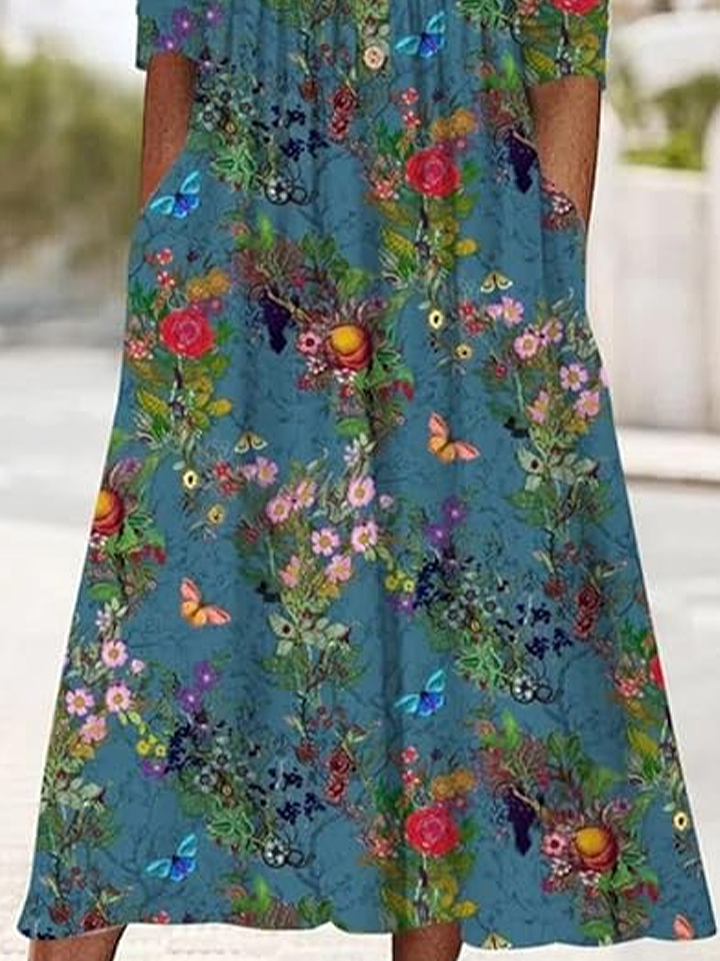 Femmes Floral Bleu Col mi-ouvert Confortable Imprimé Robe Maxi Décontracté