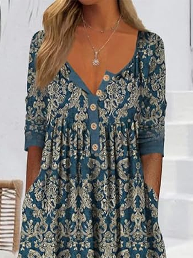 Femmes Floral Bleu Col mi-ouvert Confortable Imprimé Robe Maxi Décontracté