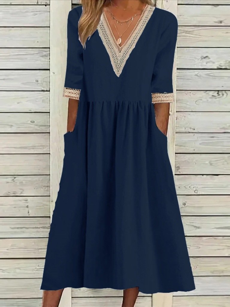 Femmes Plain Bleu Clair Col V Confortable Joint Fendu Robe Maxi Décontracté