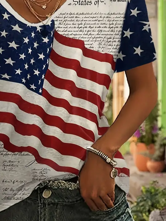 T-shirts Femmes Décontracté Été Le jour de l'indépendance (Drapeau) Col V Quotidien Ample Manches Courtes Droit T.-N.-L.