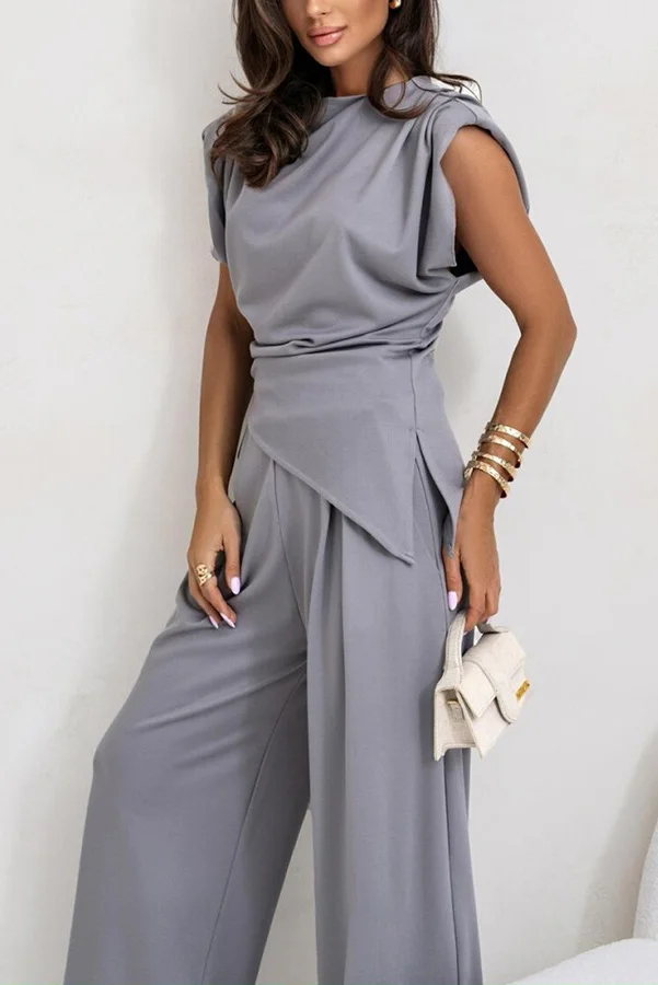 Deux Pièces Ensembles Femmes Habillé Plain Été Polyester Micro-élasticité Coupe Régulière Irrégulier Artisanat Top Avec Pantalons Droit