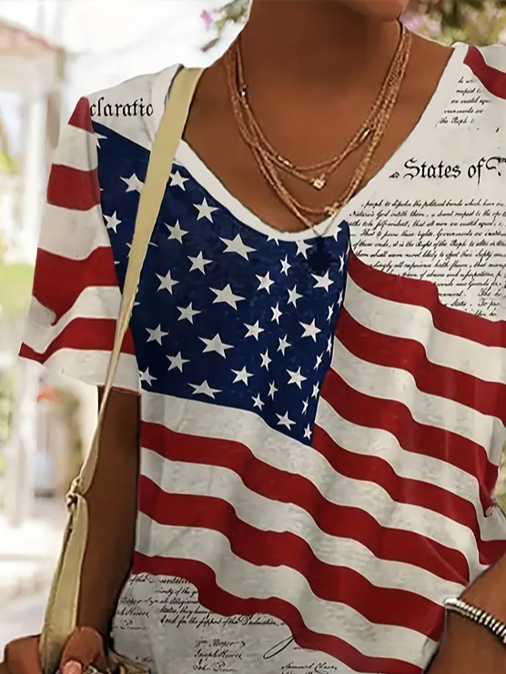 T-shirts Femmes Décontracté Été Le jour de l'indépendance (Drapeau) Col V Quotidien Ample Manches Courtes Droit T.-N.-L.