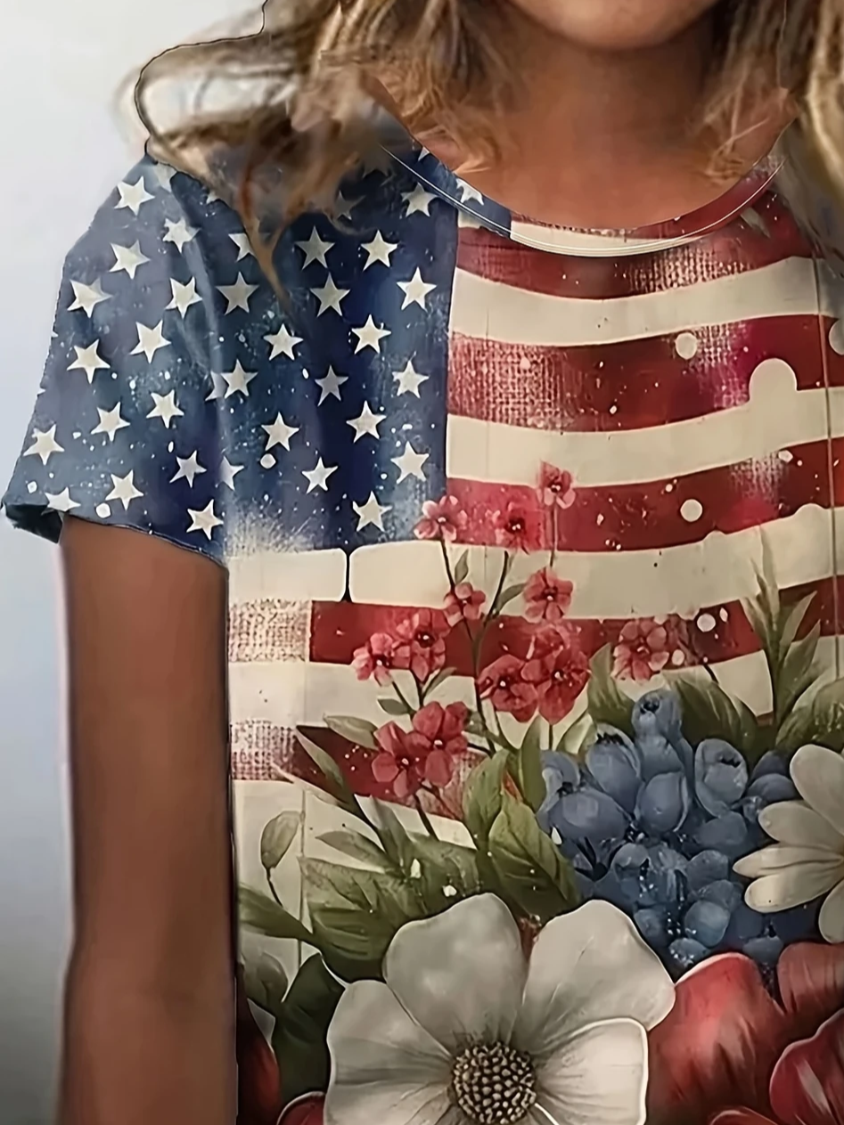 T-shirts Décontracté Drapeau des États-Unis Été Micro-élasticité Ample Jersey Manches Courtes Régulier Régulier pour Femmes
