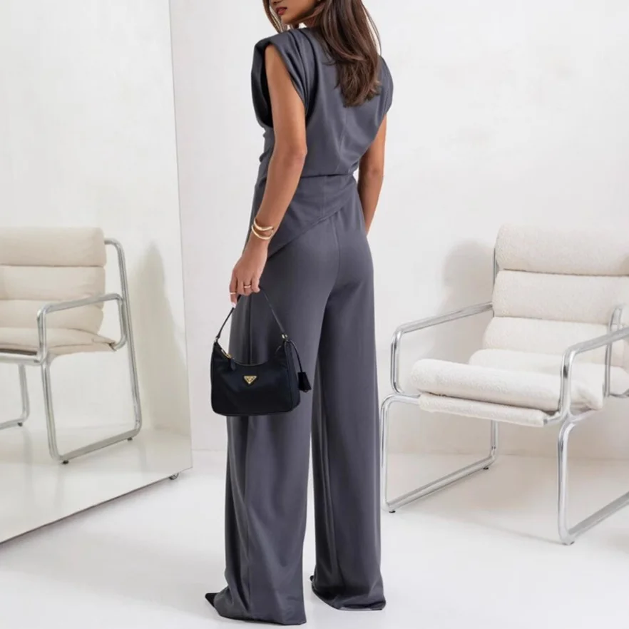 Deux Pièces Ensembles Femmes Habillé Plain Été Polyester Micro-élasticité Coupe Régulière Irrégulier Artisanat Top Avec Pantalons Droit