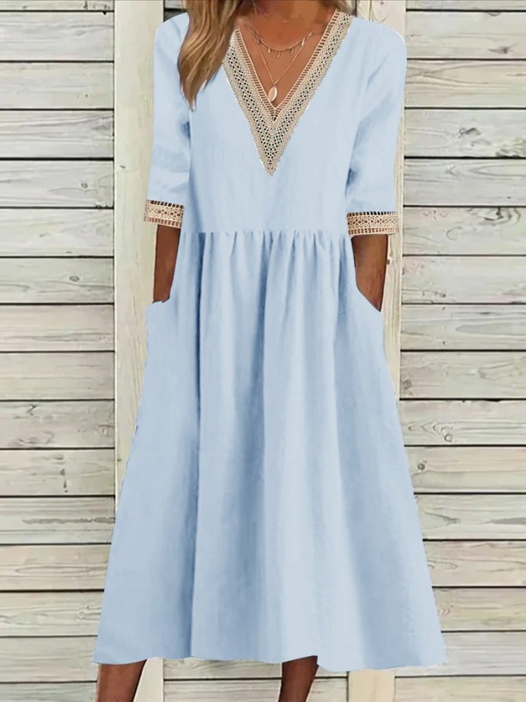 Femmes Plain Bleu Clair Col V Confortable Joint Fendu Robe Maxi Décontracté