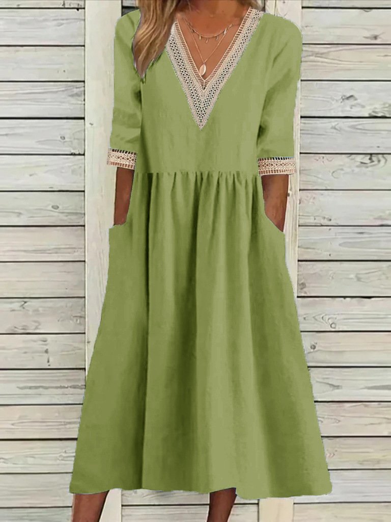 Femmes Plain Bleu Clair Col V Confortable Joint Fendu Robe Maxi Décontracté