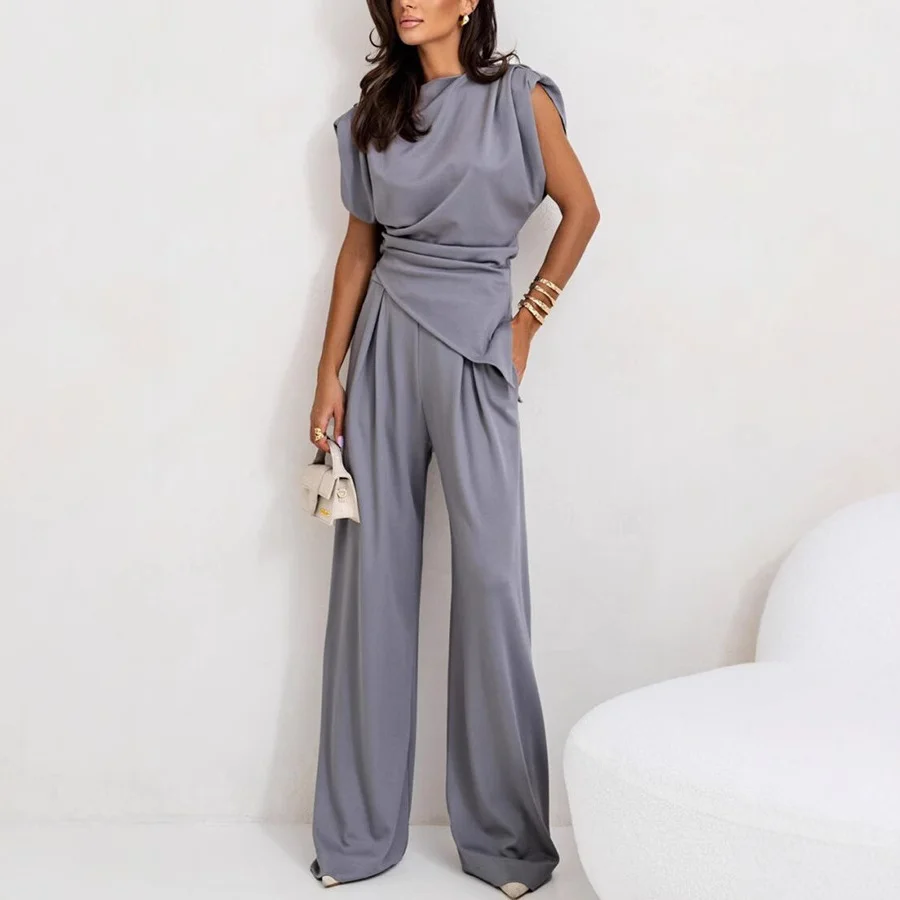 Deux Pièces Ensembles Femmes Habillé Plain Été Polyester Micro-élasticité Coupe Régulière Irrégulier Artisanat Top Avec Pantalons Droit