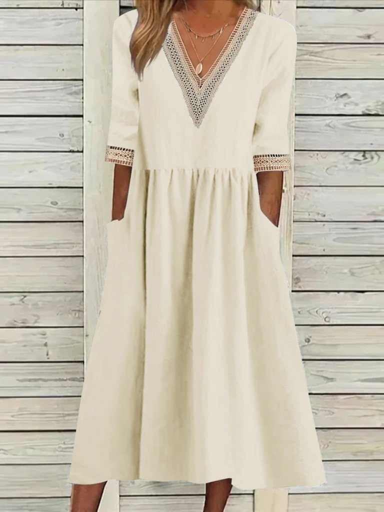 Femmes Plain Bleu Clair Col V Confortable Joint Fendu Robe Maxi Décontracté