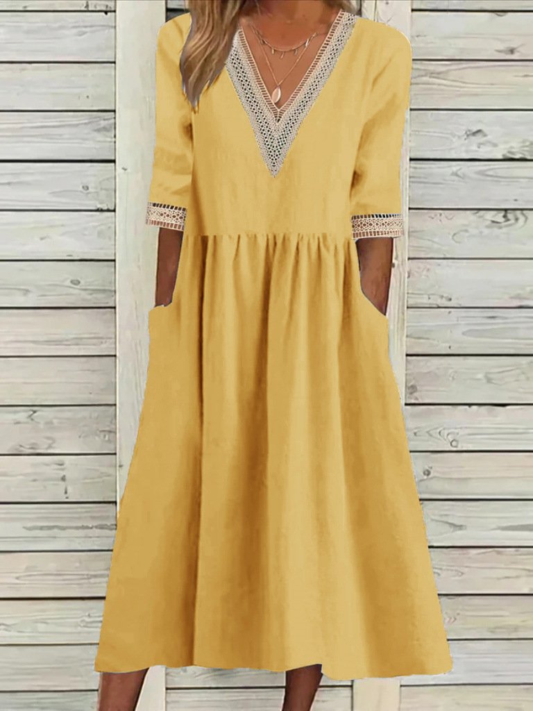 Femmes Plain Bleu Clair Col V Confortable Joint Fendu Robe Maxi Décontracté