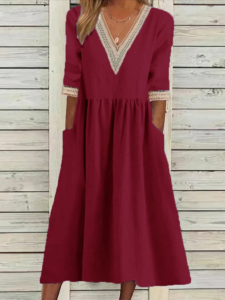 Femmes Plain Bleu Clair Col V Confortable Joint Fendu Robe Maxi Décontracté