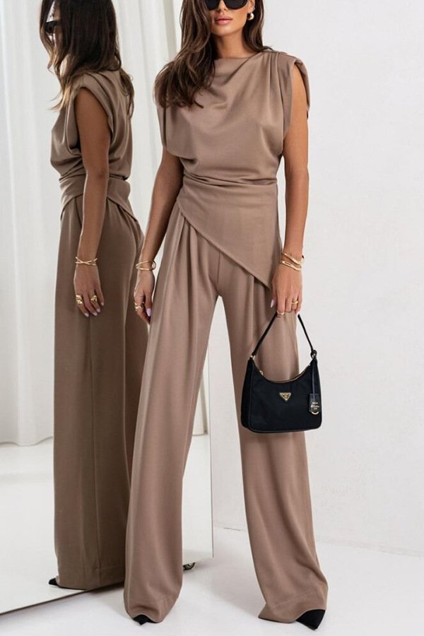 Deux Pièces Ensembles Femmes Habillé Plain Été Polyester Micro-élasticité Coupe Régulière Irrégulier Artisanat Top Avec Pantalons Droit