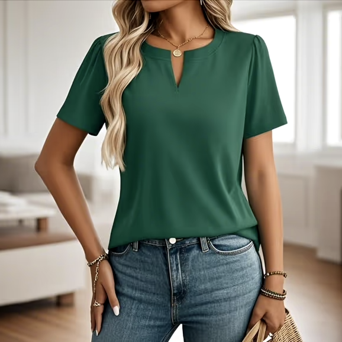 T-shirts Décontracté Plain Été Coton Col V Micro-élasticité Manches Courtes Trapèze Régulier pour Femmes