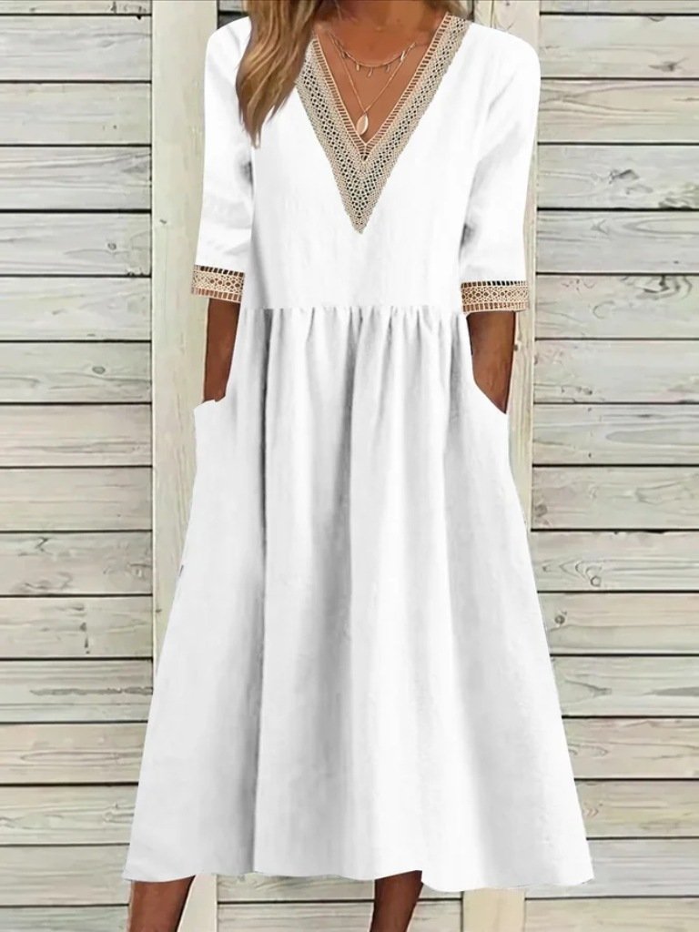 Femmes Plain Bleu Clair Col V Confortable Joint Fendu Robe Maxi Décontracté
