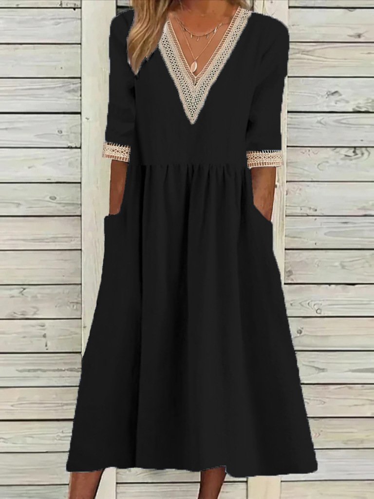 Femmes Plain Bleu Clair Col V Confortable Joint Fendu Robe Maxi Décontracté