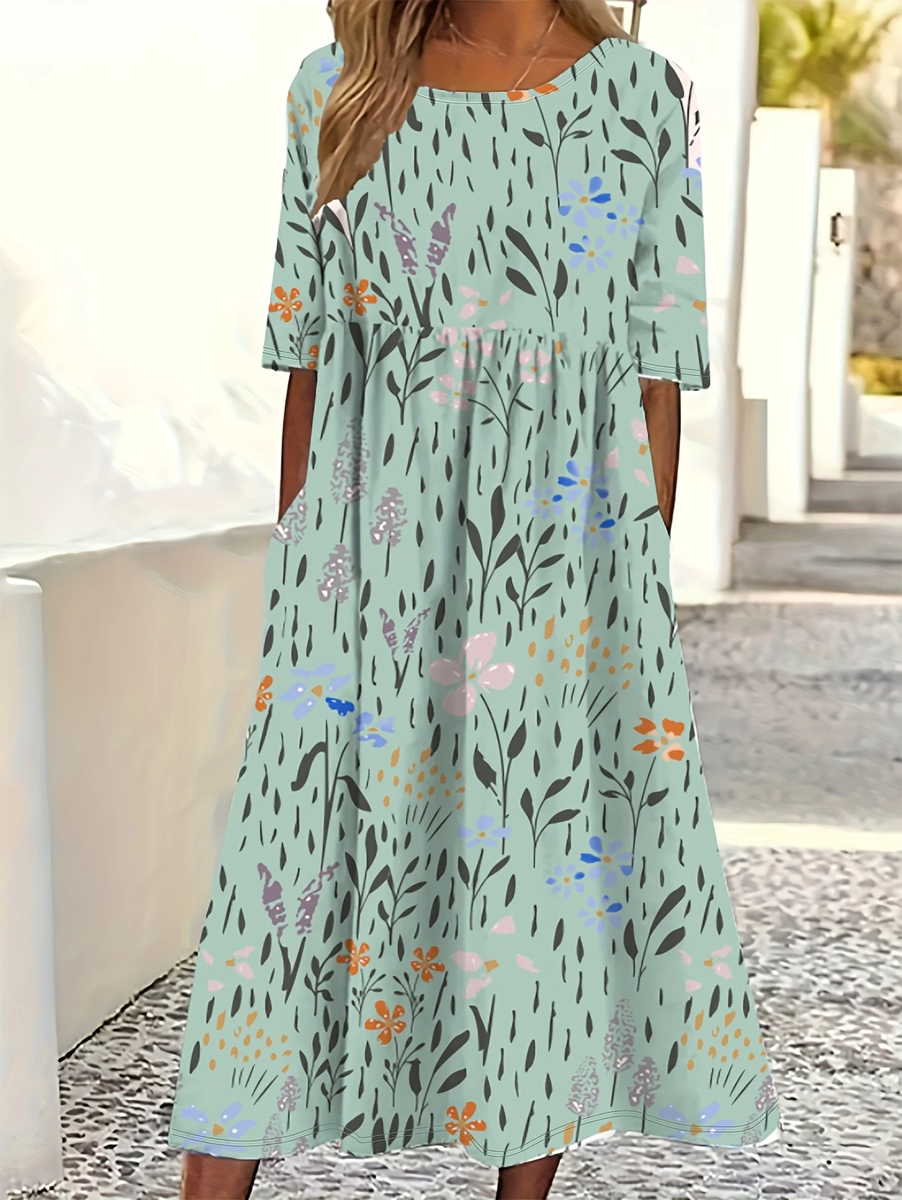 Femmes Floral Blanc Col Rond Confortable Imprimé Robe Maxi Décontracté