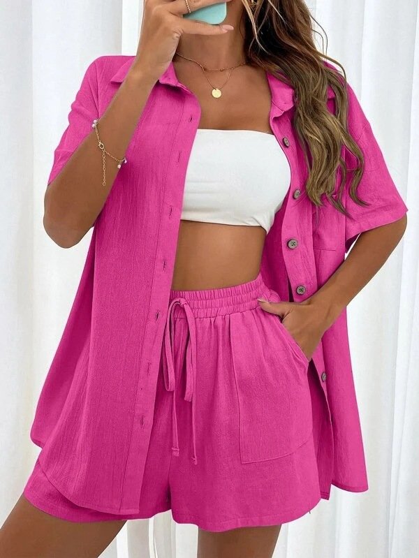 Deux Pièces Ensembles Femmes Simple Plain Été Coton Couture de poche Naturel Manches Courtes Col Rond Droit
