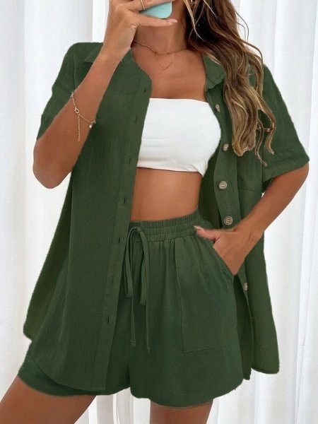 Deux Pièces Ensembles Femmes Simple Plain Été Coton Couture de poche Naturel Manches Courtes Col Rond Droit