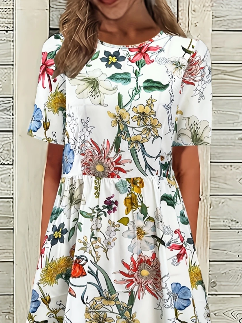 Femmes Floral Blanc Col Rond Confortable Imprimé Robe Maxi Décontracté