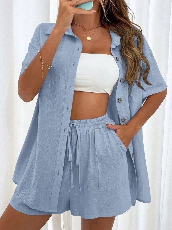 Deux Pièces Ensembles Femmes Simple Plain Été Coton Couture de poche Naturel Manches Courtes Col Rond Droit