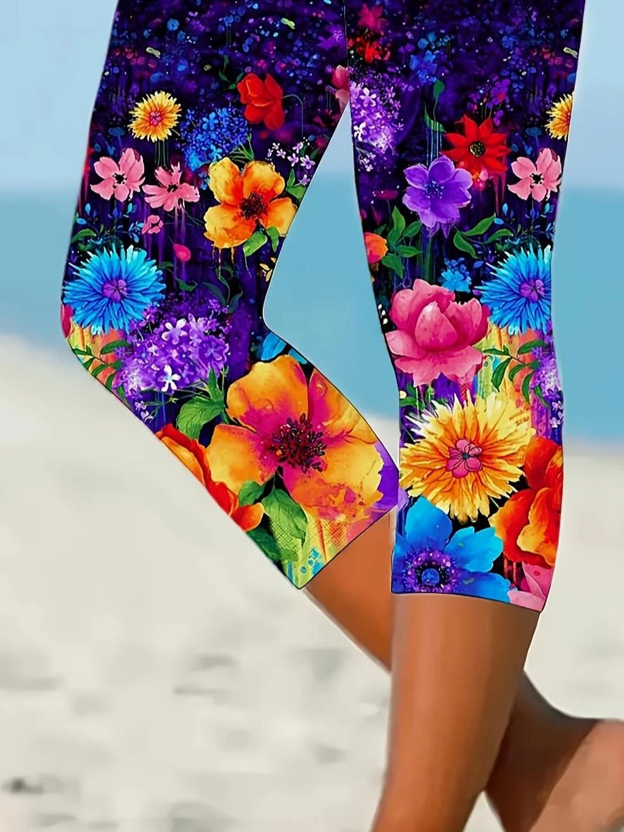 Pantalons Décontracté Floral Été Imprimé Viscose Micro-élasticité Corsaire Droit Régulier pour Femmes