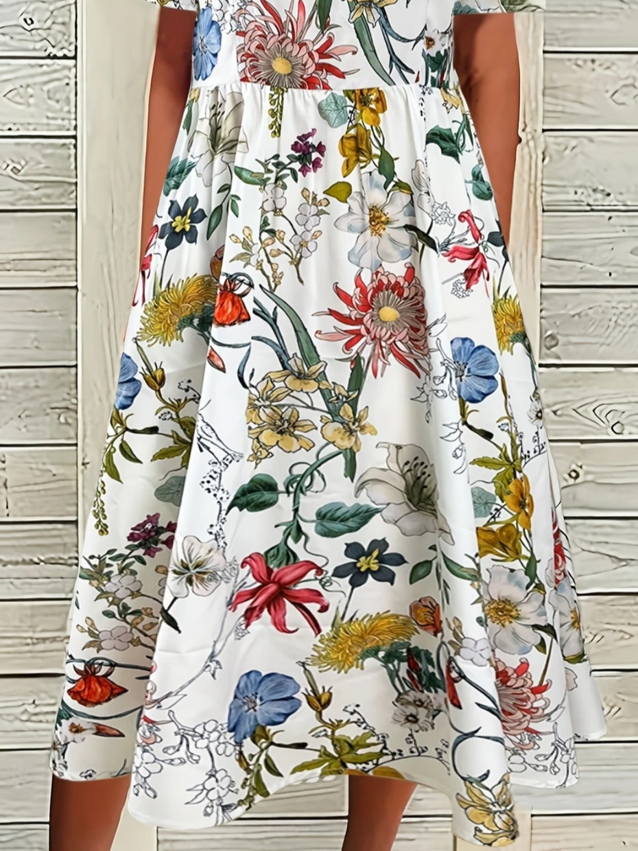 Femmes Floral Blanc Col Rond Confortable Imprimé Robe Maxi Décontracté