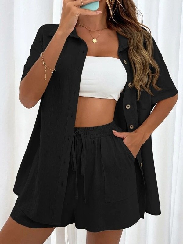 Deux Pièces Ensembles Femmes Simple Plain Été Coton Couture de poche Naturel Manches Courtes Col Rond Droit