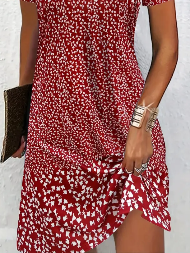 Femmes Petites fleurs Rouge Col Rond Confortable Imprimé Mini Robe Décontracté