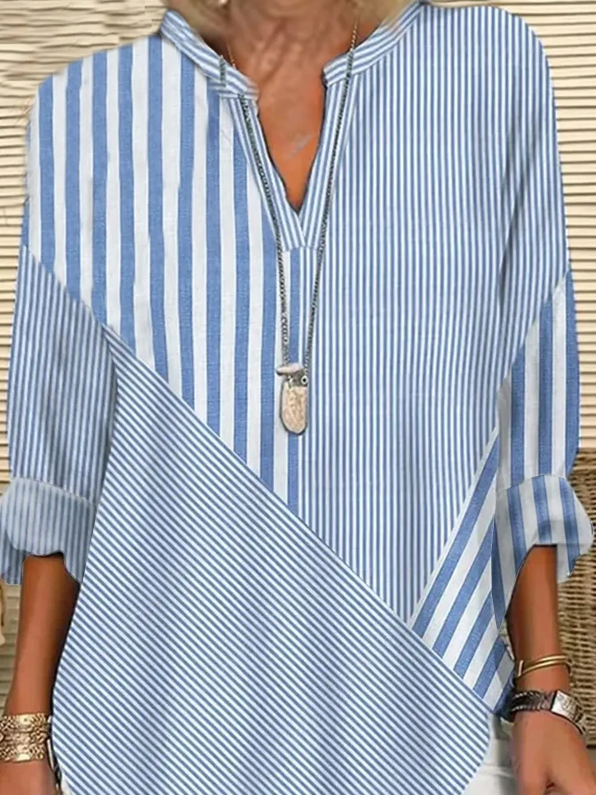 Blouses Rayé Simple Été Polyester Aucune élasticité Quotidien Ample Demi Manche Col Châle pour Femmes