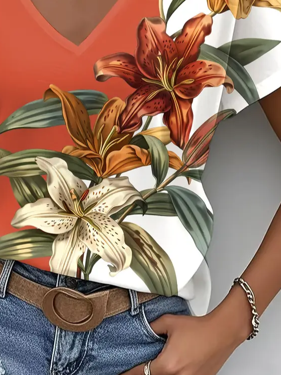 T-shirts Décontracté Floral Été Imprimé Aucune élasticité Quotidien Ample Manches Courtes Régulier pour Femmes