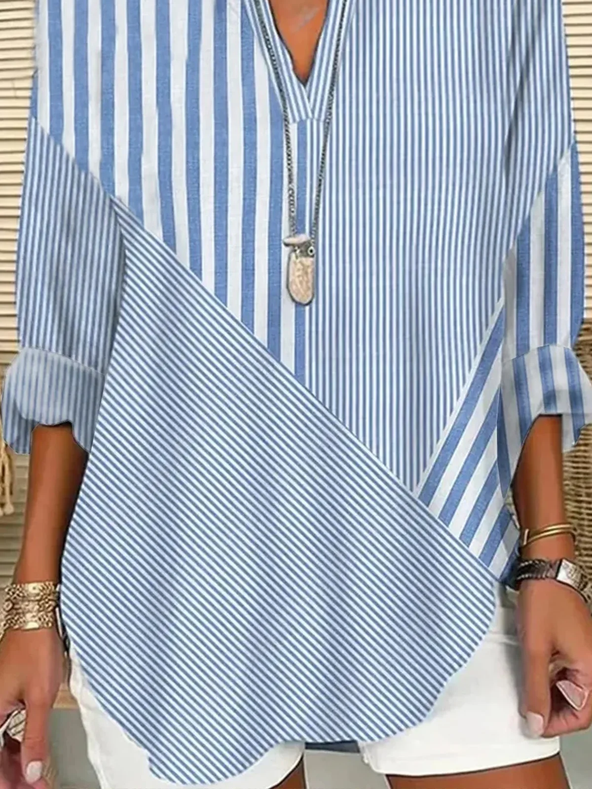 Blouses Rayé Simple Été Polyester Aucune élasticité Quotidien Ample Demi Manche Col Châle pour Femmes