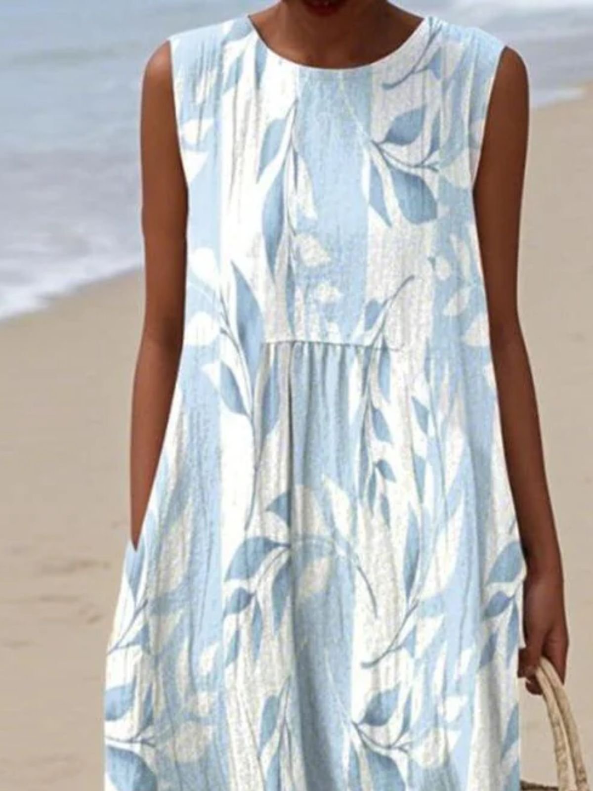 Femmes Feuille Bleu Col Rond Confortable Robe Maxi Décontracté