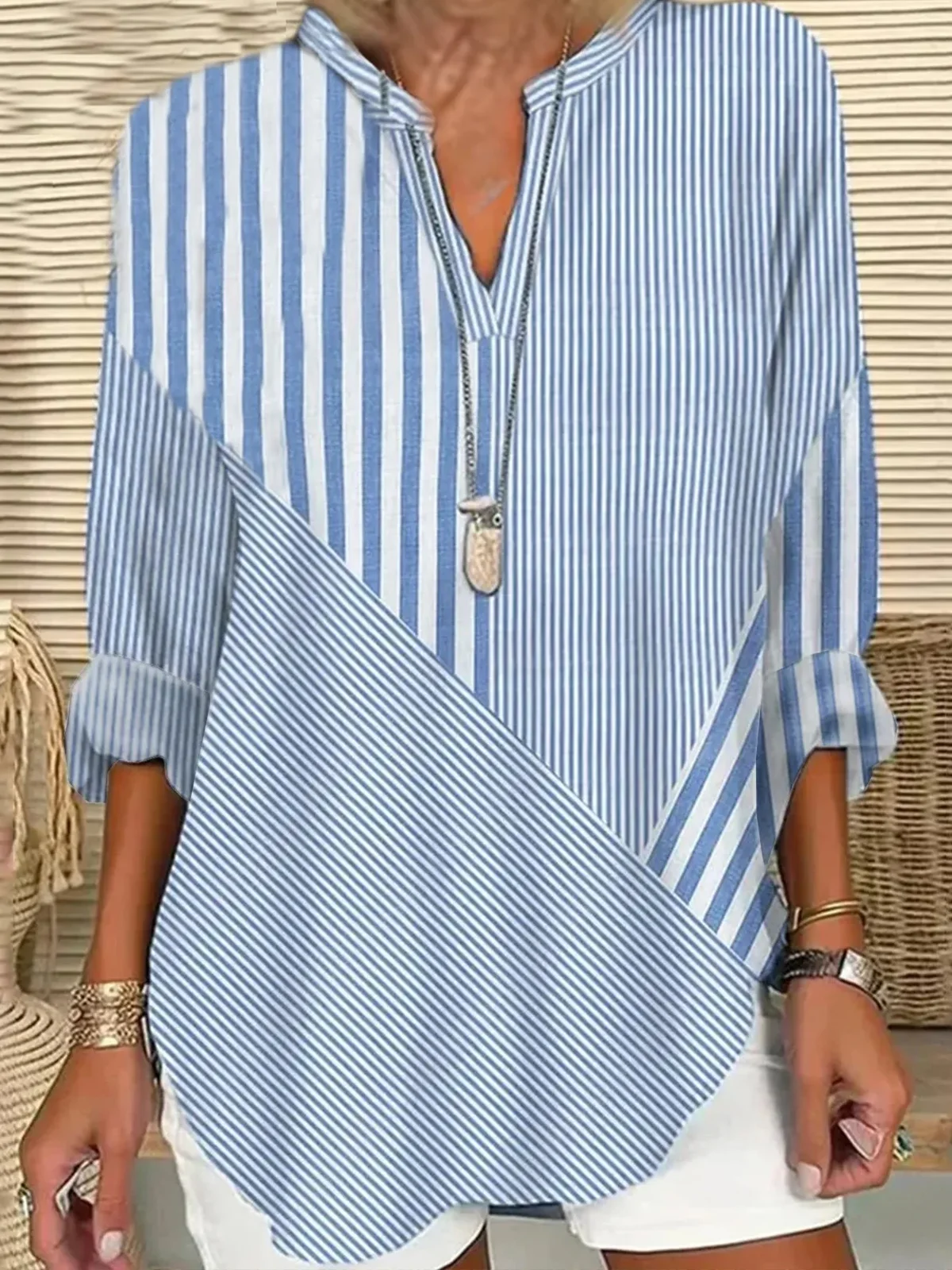 Blouses Rayé Simple Été Polyester Aucune élasticité Quotidien Ample Demi Manche Col Châle pour Femmes