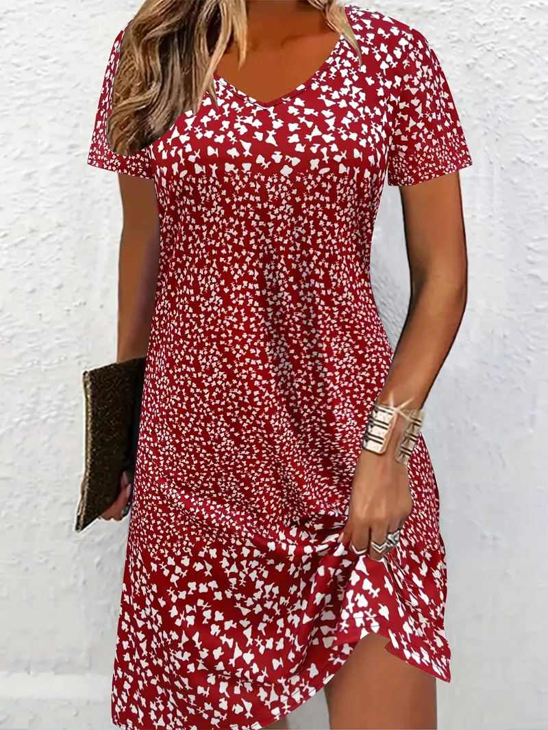 Femmes Petites fleurs Rouge Col Rond Confortable Imprimé Mini Robe Décontracté