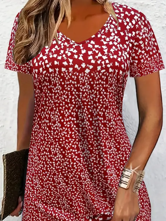 Femmes Petites fleurs Rouge Col Rond Confortable Imprimé Mini Robe Décontracté