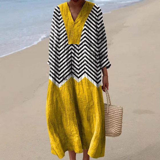 Femmes Rayé Jaune Col V Confortable Robe Maxi Décontracté