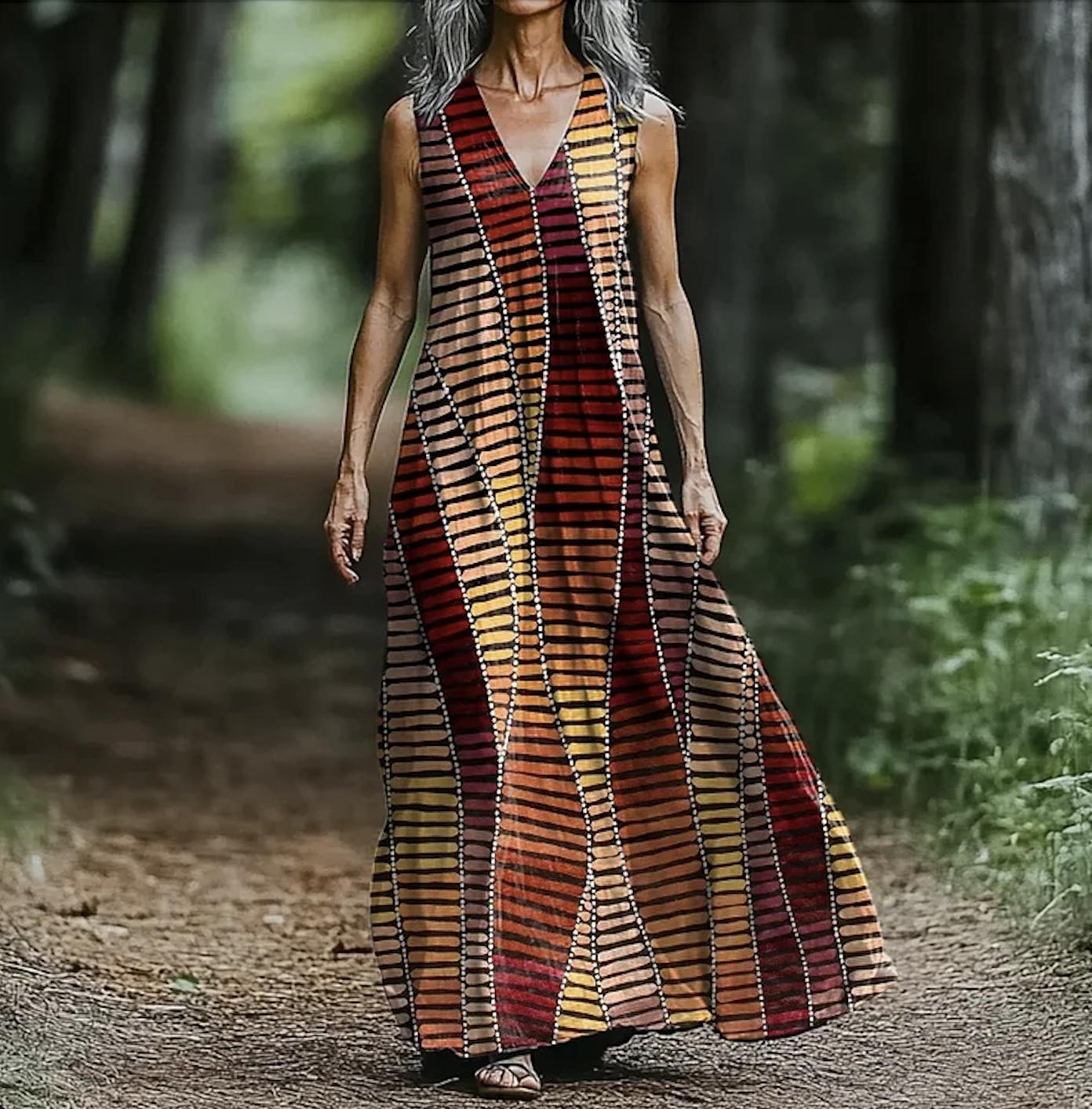 Femmes Géométrique Brun Col V Confortable Robe Maxi Décontracté