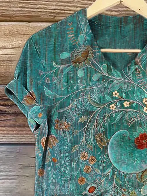 T-shirts Décontracté Floral Été Col V Jersey Régulier Droit Régulier T.-N.-L. pour Femmes