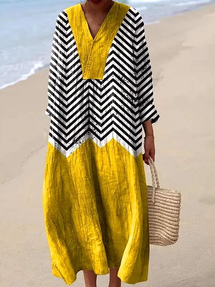 Femmes Rayé Jaune Col V Confortable Robe Maxi Décontracté