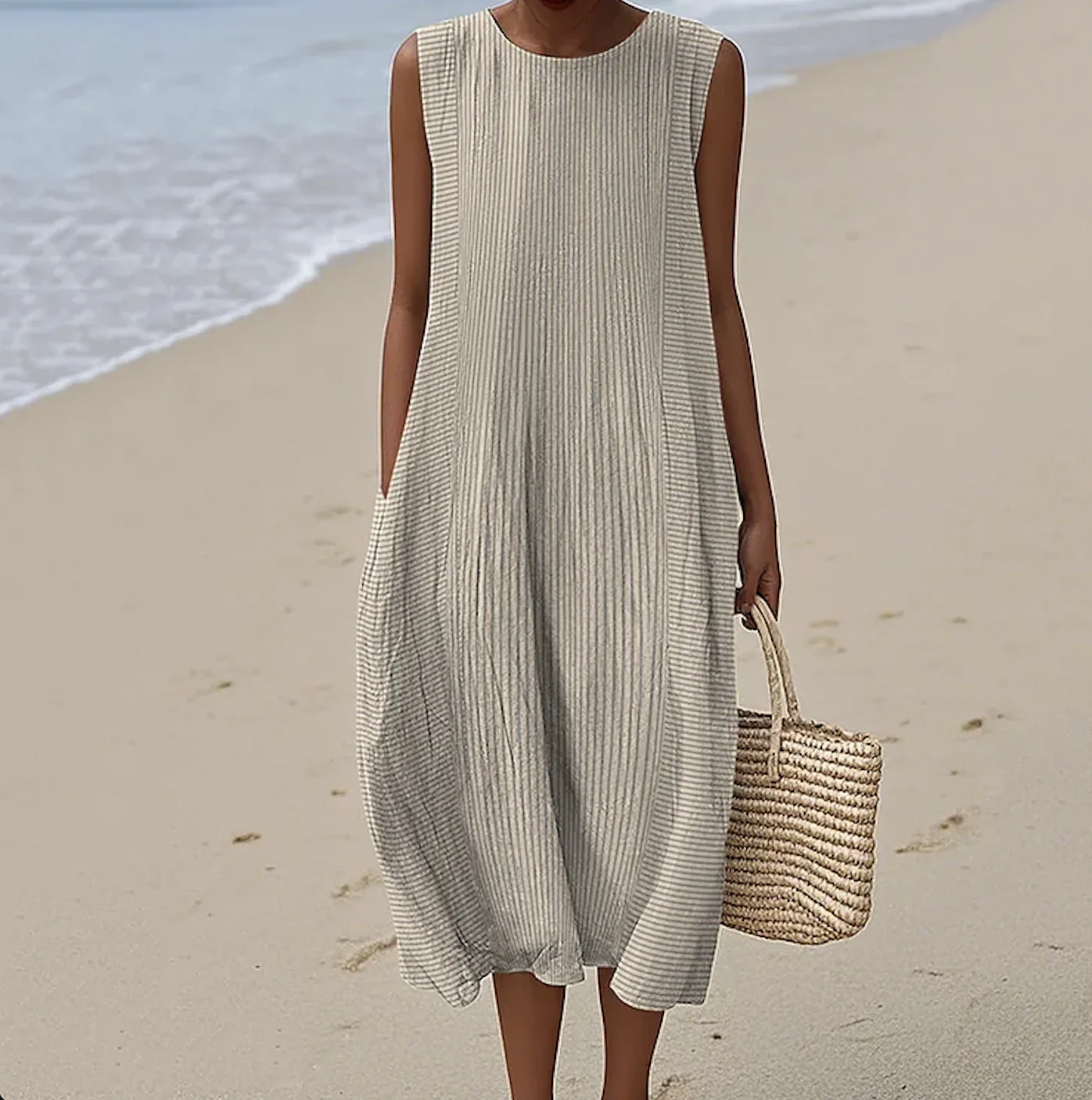 Femmes Rayé Blanc Col Rond Confortable Robe Maxi Décontracté