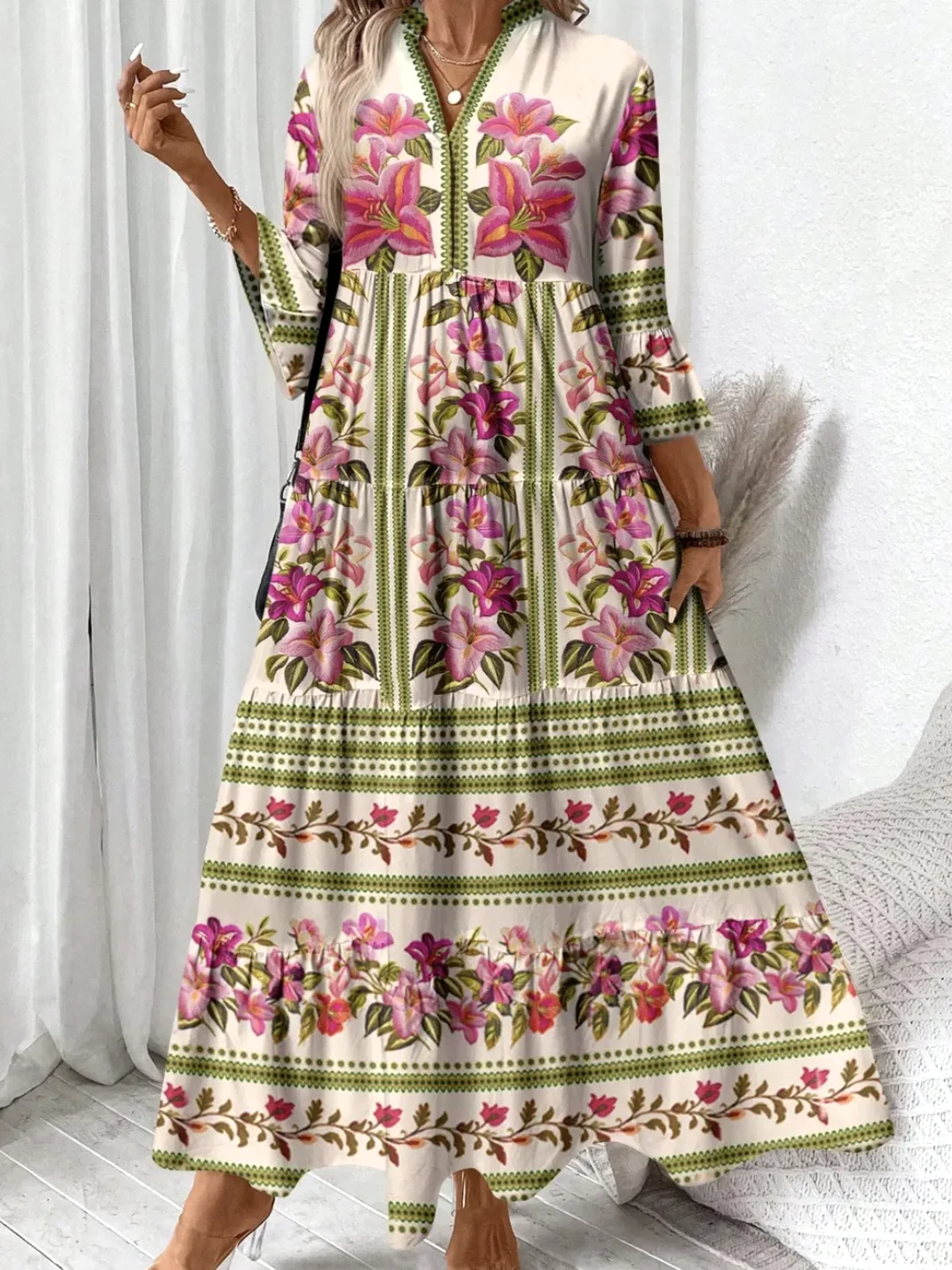 Femmes Floral Abricot Col V Confortable Robe Maxi Décontracté