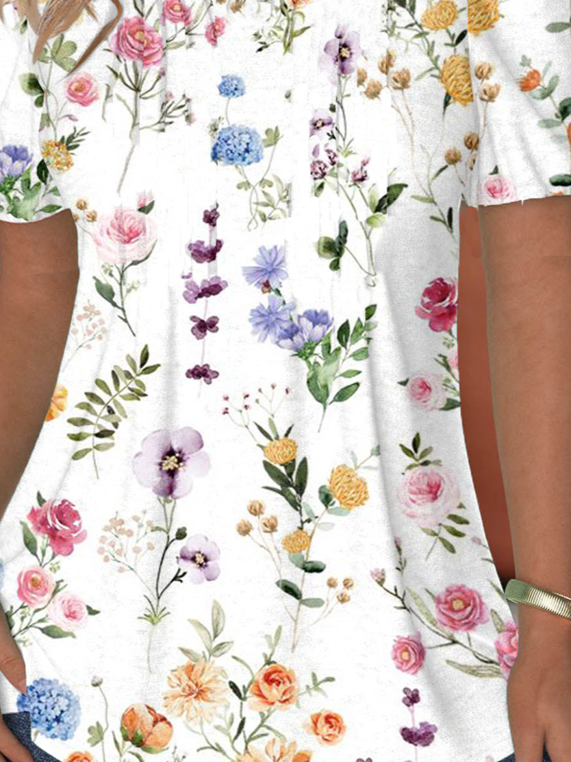 T-shirts Femmes Décontracté Floral Été Ample Manches Courtes Col Rond Régulier Droit Régulier