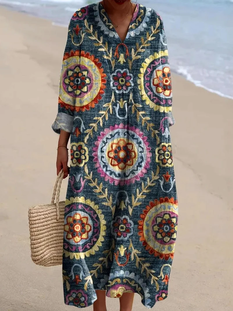 Femmes Floral Bleu Marine Col V Confortable Robe Maxi Décontracté
