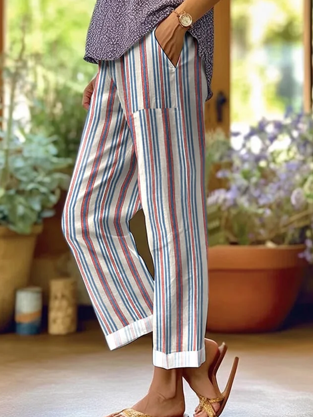Pantalons Femmes Rayé Rue Printemps / Automne Naturel Aucune élasticité Ample Droit Régulier Pantalon baggy